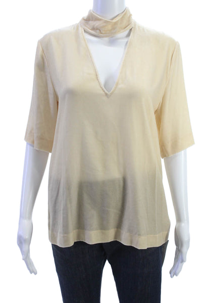 Theory Women Tunic Blouse Beige Mock Neck Short Sleeve Silk Rayon Size S