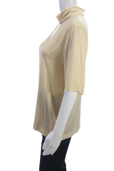 Theory Women Tunic Blouse Beige Mock Neck Short Sleeve Silk Rayon Size S