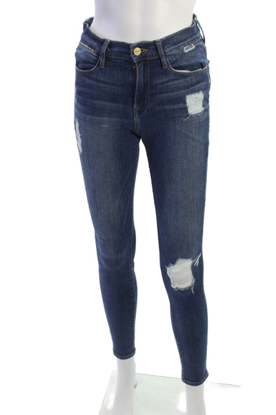 Frame Denim Women Ankle Skinny Jeans Dark Blue High Rise Button Size 26