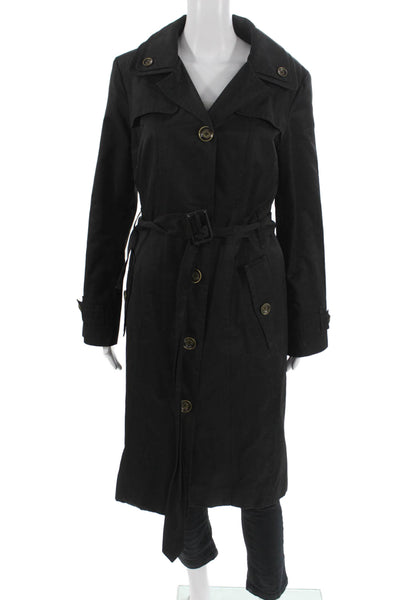 London Fog Women Black Trench Coat Long Sleeve Collared Buckle Classic Size 6