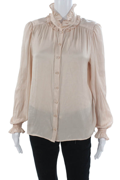 Zadig & Voltaire Women Beige High Neck Button Up Long Sleeve Blouse Size M