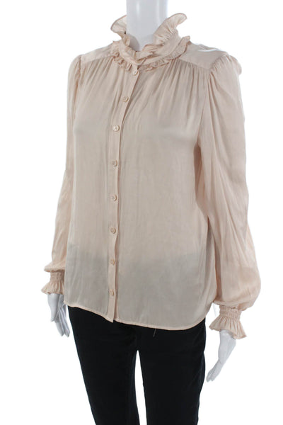 Zadig & Voltaire Women Beige High Neck Button Up Long Sleeve Blouse Size M