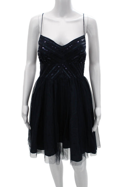 Aidan Aidan Mattox Women Fit & Flare Slip Dress Dark Blue Silk V-Neck Size 10