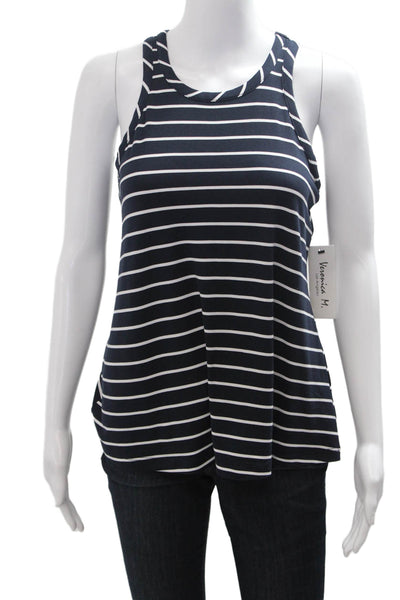 Veronica M Women Sleeveless Jersey Tank Dark Blue Striped Round Neck Size S