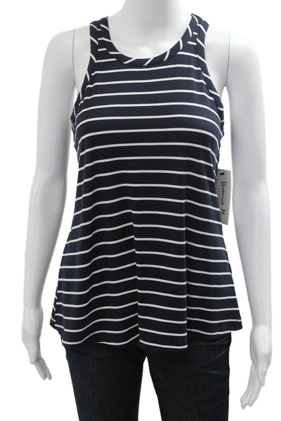 Veronica M Women Jersey Striped Sleeveless Tank Round Neck Dark Blue Size M