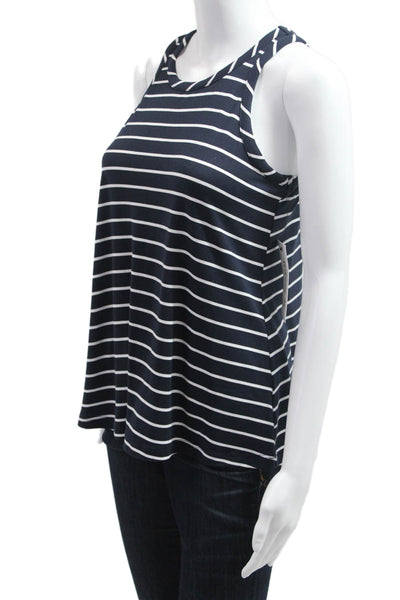Veronica M Women Jersey Striped Sleeveless Tank Round Neck Dark Blue Size M