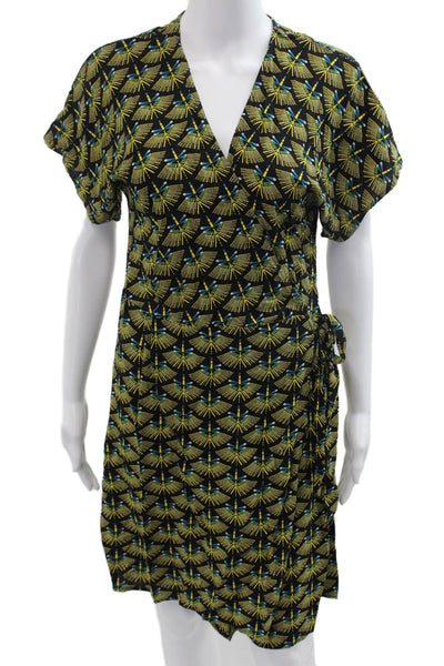 Best Mountain Womens Wrap Dress Black Geometric V-Neck Short Sleeve Size 38