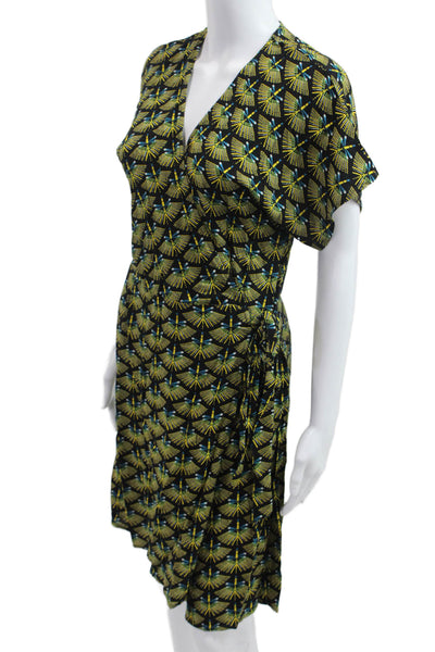 Best Mountain Womens Wrap Dress Black Geometric V-Neck Short Sleeve Size 38