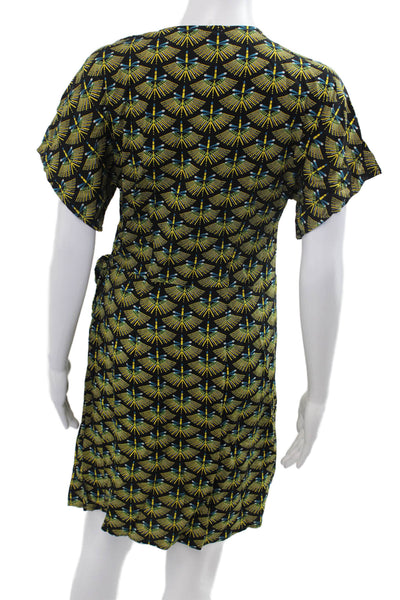 Best Mountain Womens Wrap Dress Black Geometric V-Neck Short Sleeve Size 38