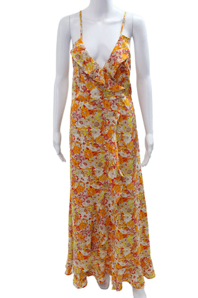 Molly Bracken Women Maxi Floral Slip Dress Orange V-Neck Lace Up Size S