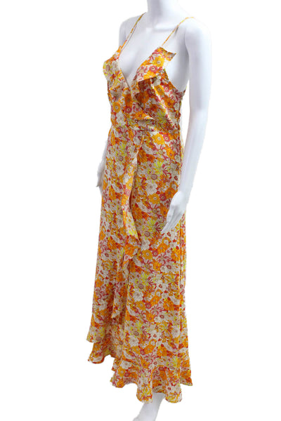 Molly Bracken Women Maxi Floral Slip Dress Orange V-Neck Lace Up Size S