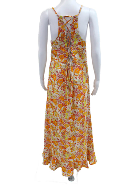 Molly Bracken Women Maxi Floral Slip Dress Orange V-Neck Lace Up Size S
