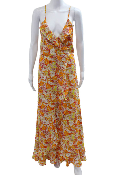 Molly Bracken Women Orange Floral V-Neck Maxi Sundress Lace Up Size M