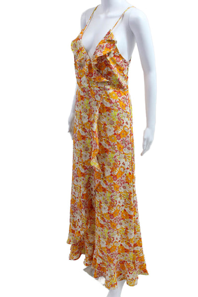 Molly Bracken Women Orange Floral V-Neck Maxi Sundress Lace Up Size M