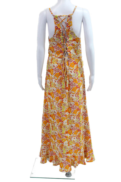 Molly Bracken Women Orange Floral V-Neck Maxi Sundress Lace Up Size M