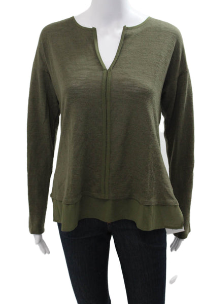 Sanctuary Womens Basic Army Green V-Neck Long Sleeve Blouse Size L