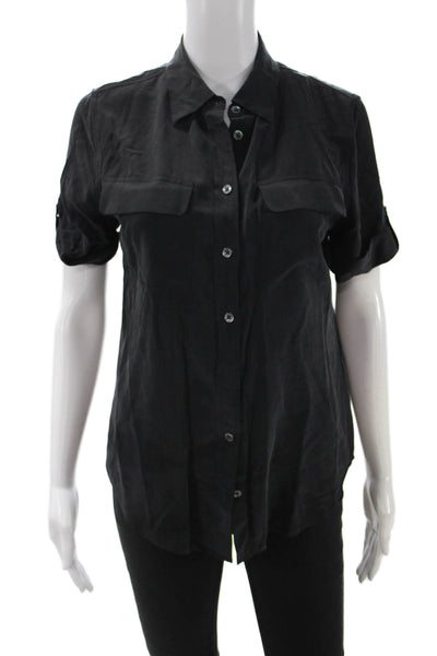 Equipment Femme Womens Black Silk Collared Short Sleeve Buttonup Petite Size XS