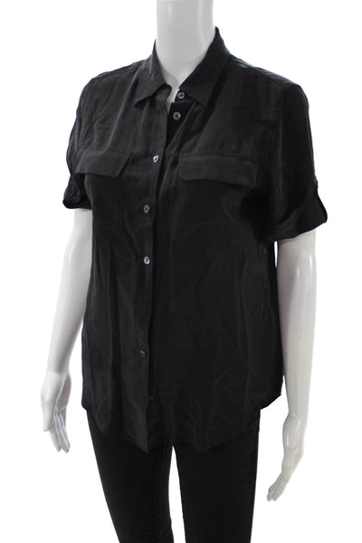 Equipment Femme Womens Black Silk Collared Short Sleeve Buttonup Petite Size XS