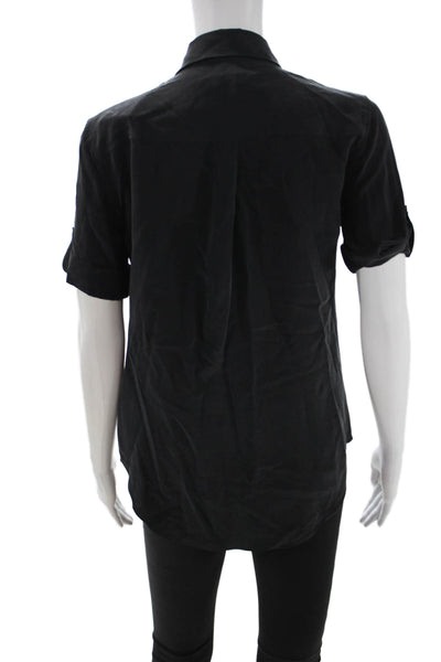 Equipment Femme Womens Black Silk Collared Short Sleeve Buttonup Petite Size XS