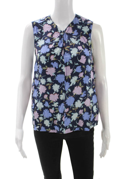 Rebecca Taylor Womens Silk Floral Sleeveless Round Neck Blouse Dark Blue Size S