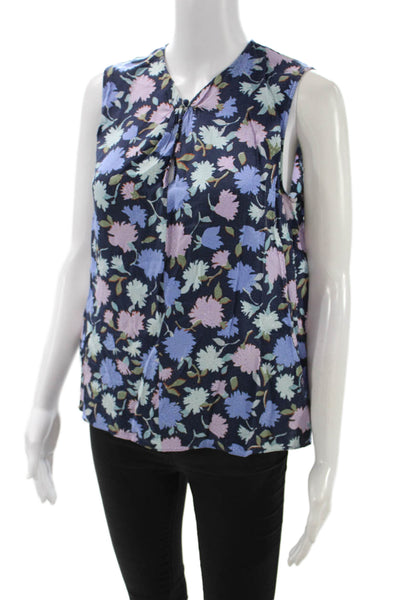 Rebecca Taylor Womens Silk Floral Sleeveless Round Neck Blouse Dark Blue Size S