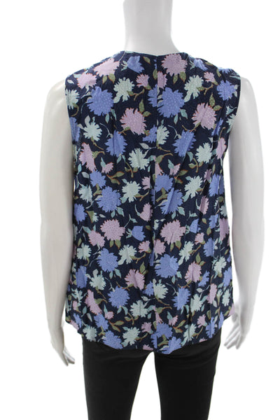 Rebecca Taylor Womens Silk Floral Sleeveless Round Neck Blouse Dark Blue Size S