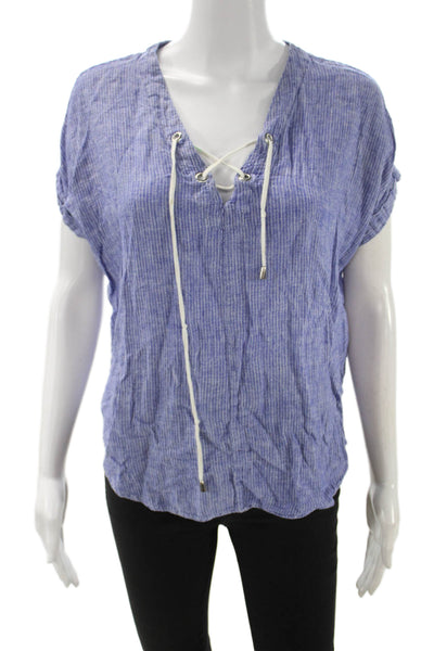 Rails Women Blue Striped V-Neck Bohemian Linen Rayon Short Sleeve Blouse Size S