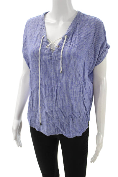 Rails Women Blue Striped V-Neck Bohemian Linen Rayon Short Sleeve Blouse Size S