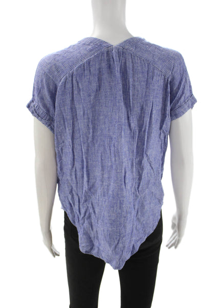 Rails Women Blue Striped V-Neck Bohemian Linen Rayon Short Sleeve Blouse Size S