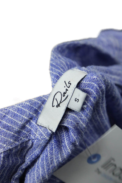 Rails Women Blue Striped V-Neck Bohemian Linen Rayon Short Sleeve Blouse Size S