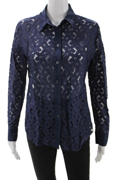 Equipment Femme Women Dark Blue Geometric Blouse Nylon Button-Up Petite Size S