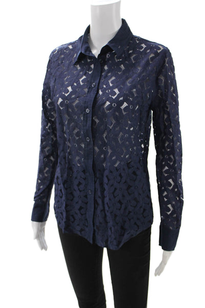 Equipment Femme Women Dark Blue Geometric Blouse Nylon Button-Up Petite Size S