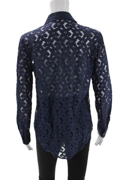 Equipment Femme Women Dark Blue Geometric Blouse Nylon Button-Up Petite Size S