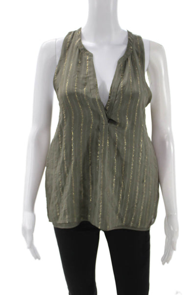 Joie Women Green Silk Striped V-Neck Tank Army Sleeveless Size S
