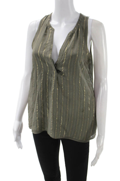 Joie Women Green Silk Striped V-Neck Tank Army Sleeveless Size S