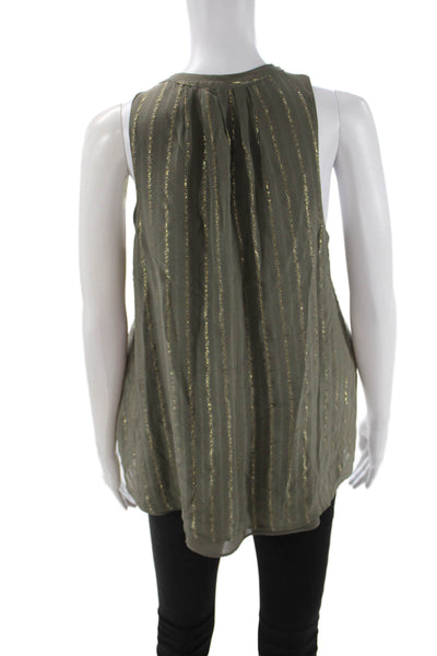 Joie Women Green Silk Striped V-Neck Tank Army Sleeveless Size S