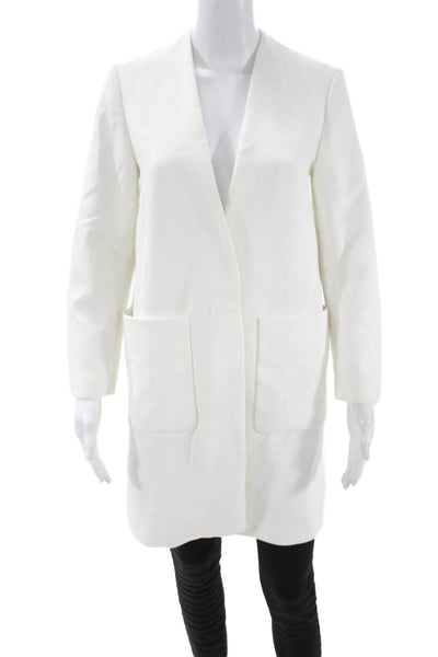 Zara Women Overcoat White V-Neck Long Sleeve Solid Polyester Elastane Size S