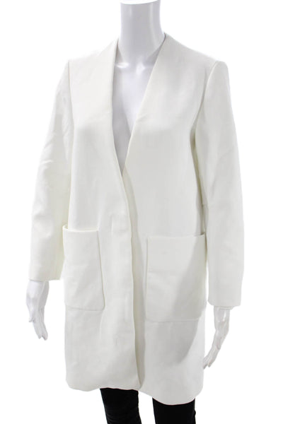 Zara Women Overcoat White V-Neck Long Sleeve Solid Polyester Elastane Size S