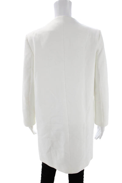 Zara Women Overcoat White V-Neck Long Sleeve Solid Polyester Elastane Size S