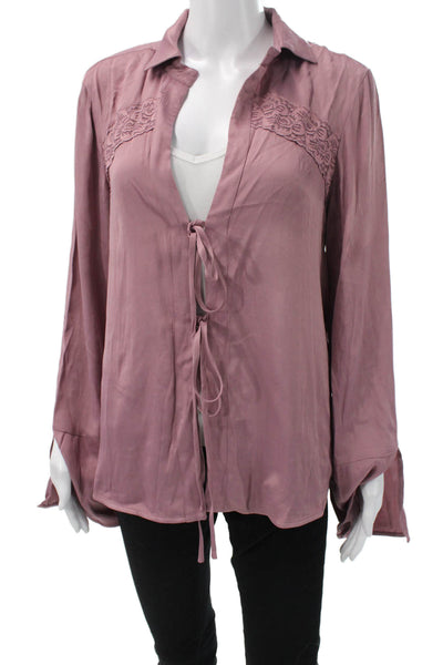 Free People Women Collared Long Sleeve Purple Viscose Blouse Size XS