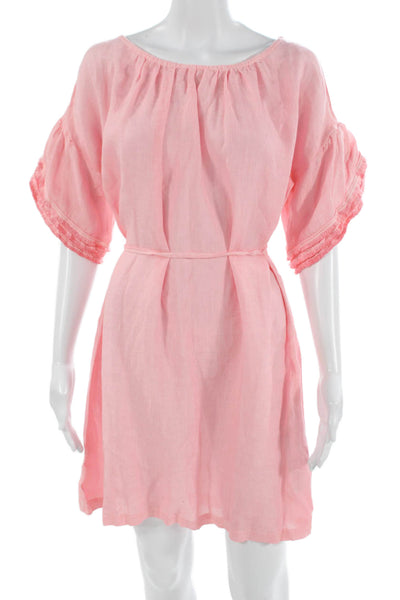 120% Lino Women Kaftan Sundress Pink Short Linen Round Neck Size 40
