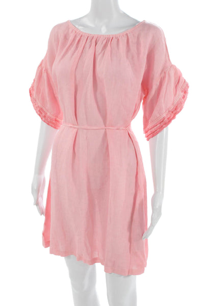 120% Lino Women Kaftan Sundress Pink Short Linen Round Neck Size 40