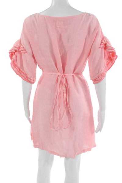 120% Lino Women Kaftan Sundress Pink Short Linen Round Neck Size 40