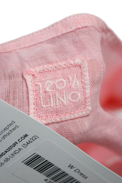 120% Lino Women Kaftan Sundress Pink Short Linen Round Neck Size 40