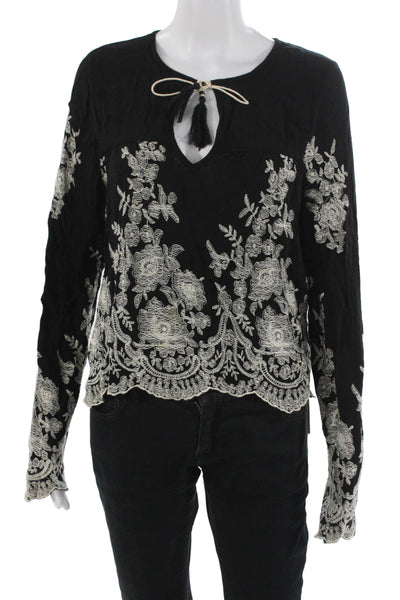 Misa Womens Bohemian Floral Black Tie Neck Long Sleeve Rayon Blouse Size S