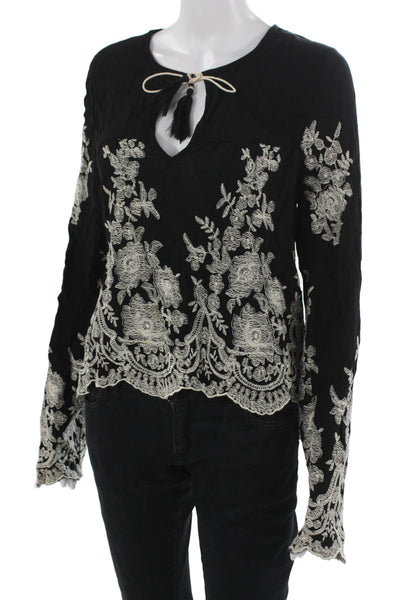 Misa Womens Bohemian Floral Black Tie Neck Long Sleeve Rayon Blouse Size S