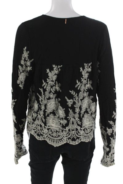 Misa Womens Bohemian Floral Black Tie Neck Long Sleeve Rayon Blouse Size S