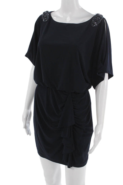 Xscape Women Blouson Mini Dress Dark Blue Round Neck Button Polyester Size 6