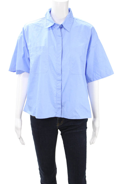 Zara Womens Light Blue Cotton Collared Short Sleeve Basic Button-Up Top Size S