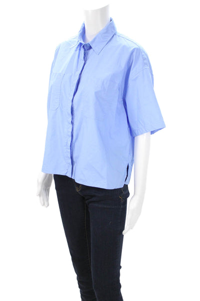 Zara Womens Light Blue Cotton Collared Short Sleeve Basic Button-Up Top Size S
